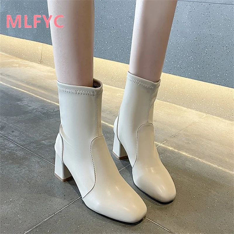 Large thick heeled short boots for women new winter female shoes high heeled boots sleeve for ladies square toe boots