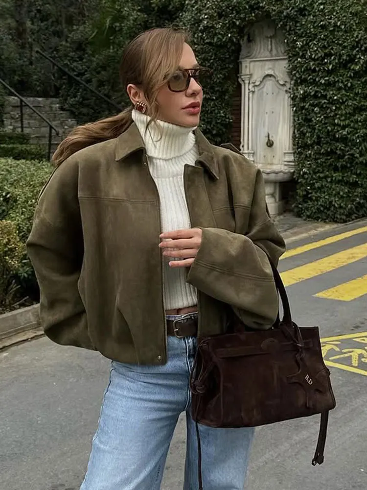 HH Women Brown Green Suede Jacket Loose Casual Bomber Coat