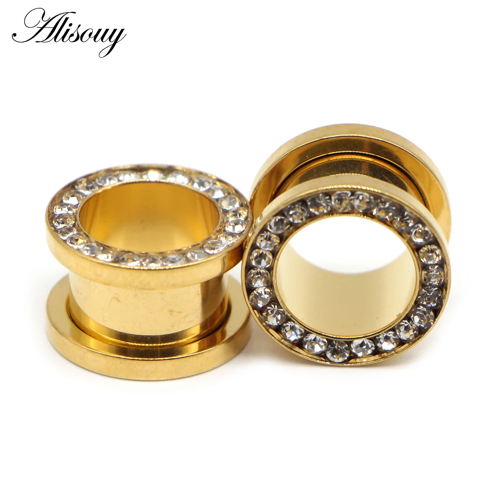 Gold Color Ear Plugs Tunnels with Crystal Screw Fit Flesh Tunnel Ear Expanders Stretching Kit Piercings Body Jewelry Alisouy piercing jewelry ear piercing jewelry body piercing jewelry body jewelry