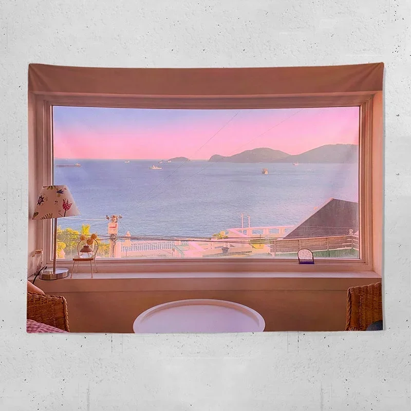 thumbnail image 1 of Tapiz de decoración del hogar para colgar en la pared con vista al mar, fondo de ventana, Bouguer Fresh, tapiz para dormitorio, decoración de mesita de noche, 1 of 5