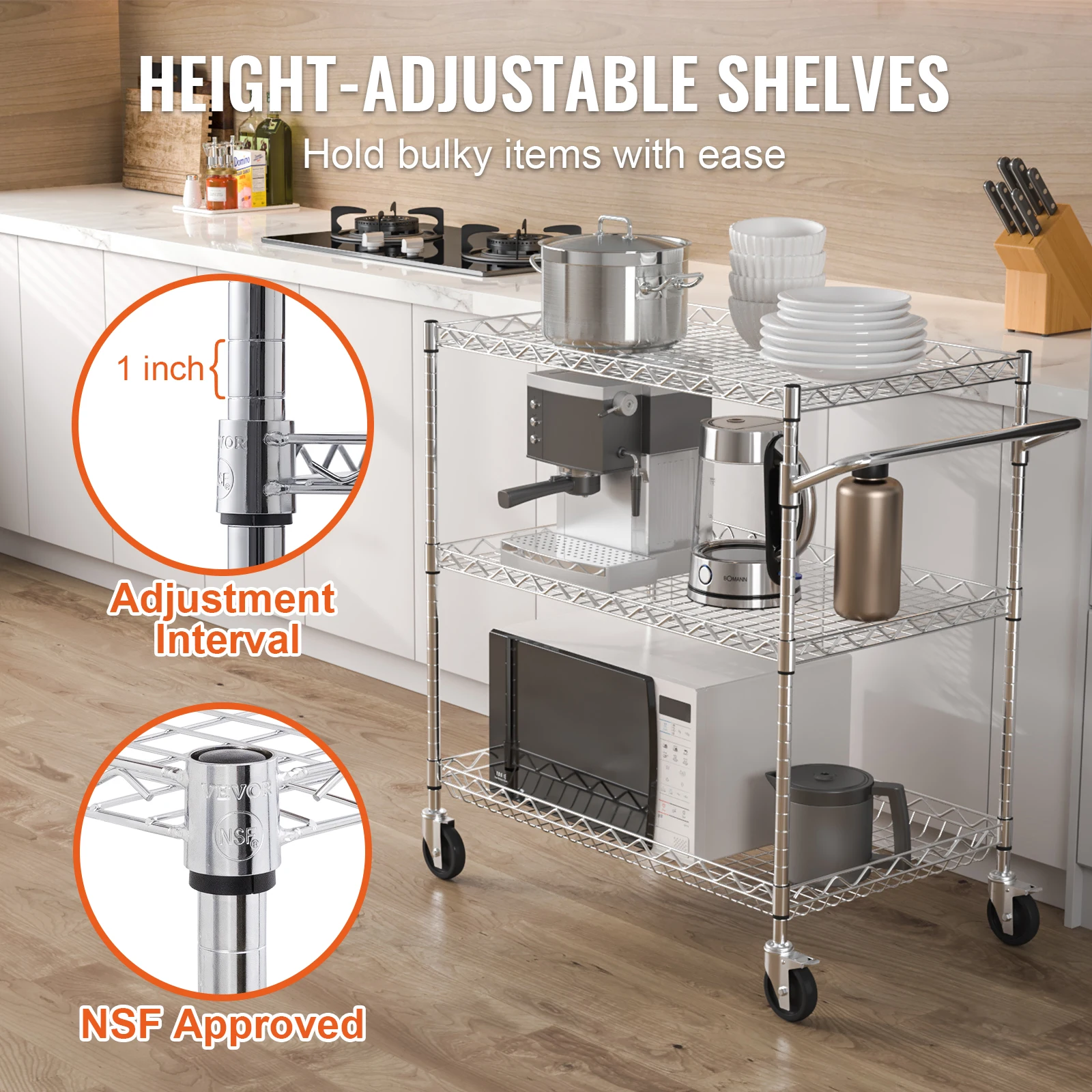 VEVOR Rolling Utility Cart 3-Tier Mobile Shelving Unit Organizer Service Cart on Wheels Metal Storage Trolley for Kitchen Bar