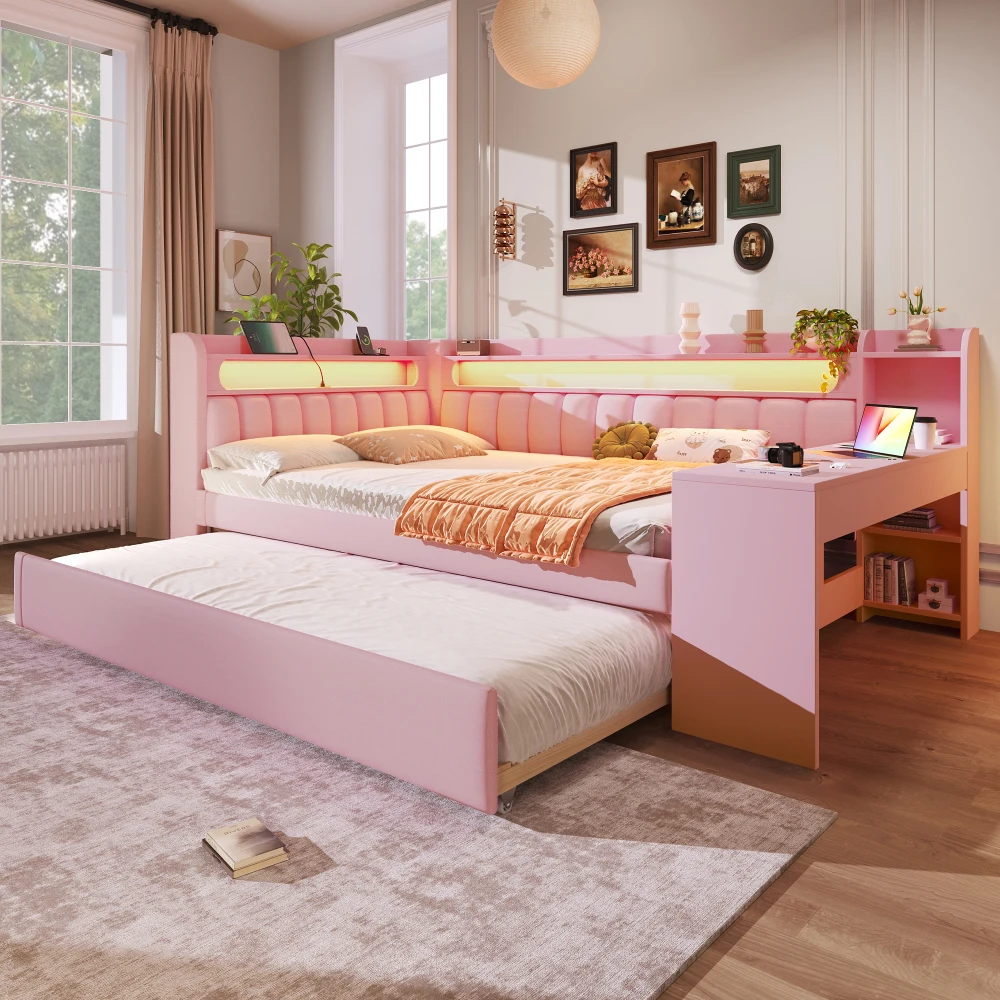 Gepolstertes Tagesbett mit Ausziehbett & Schreibtisch Multifunktionales Schlafsofa mit USB-Anschlüssen und LED-Lichtleiste Ohne Matratze – Detail 21