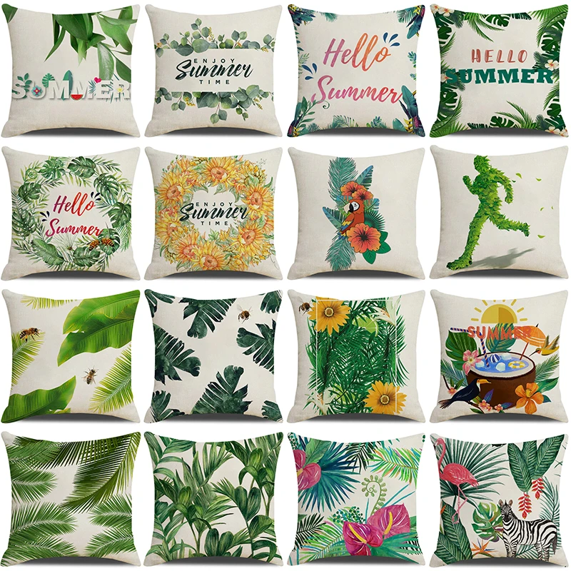 

Tropical Plant Green Leaves Printed Cushion Cover Spring Summer Decorative Sofa Pillow Case Home Decorative Linen Pillow Cover