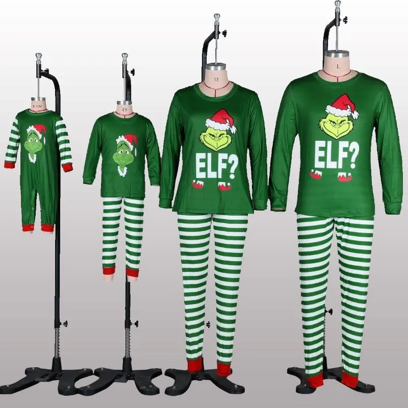 Xmas Matching Family Pajamas Elf Set 2025 Xmas Green Cotton Print Pjs Adult Child Clothing Outfit set Baby Jumpsuit+Dog Clothes 3