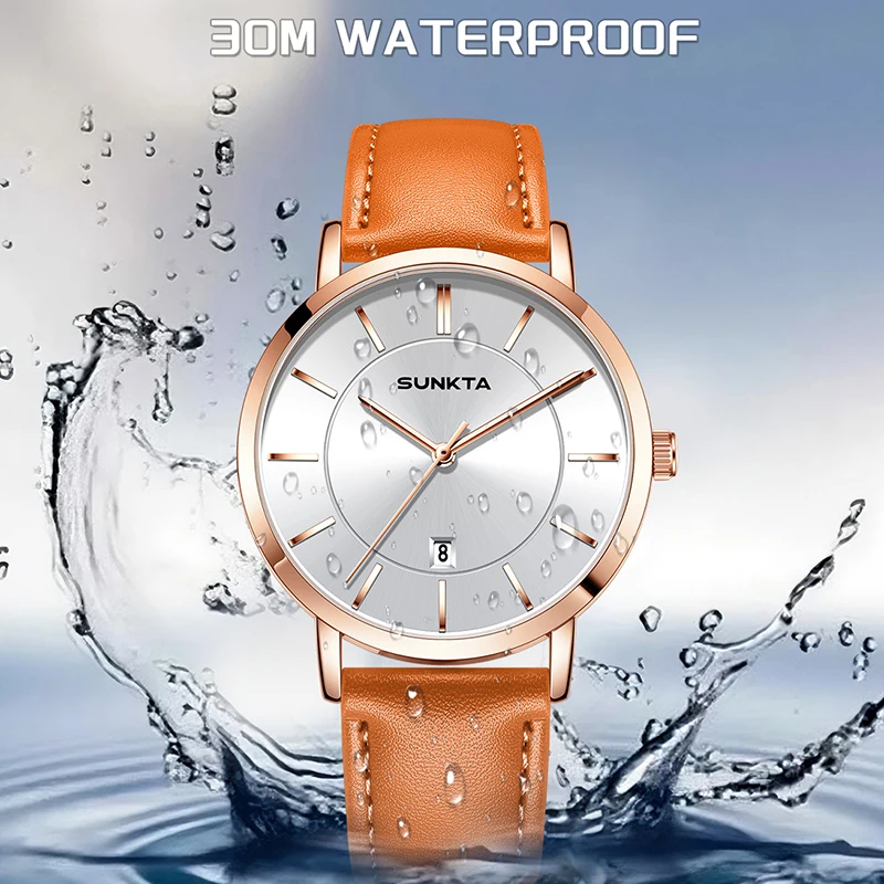LIGE SUNKTA Simple Sports Watches For Men Fashion Top Brand Luxury Orange Leather Waterproof Men Quartz Watch Reloj Hombre+BOX