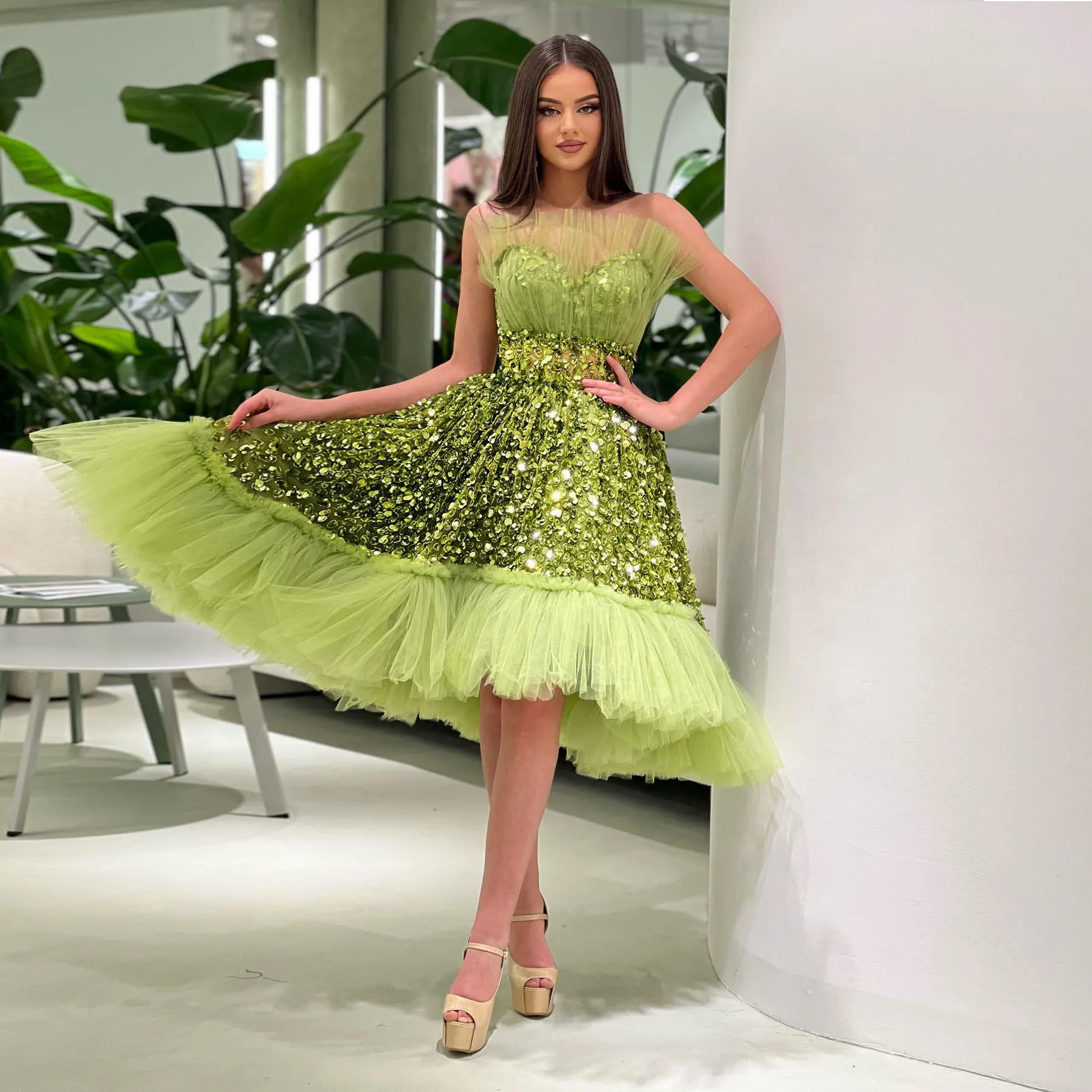 

Изящное зеленое бальное платье, платья для выпускного вечера с фестонами, без рукавов, до колена, плиссированные блестящие вечерние платья с кристаллами