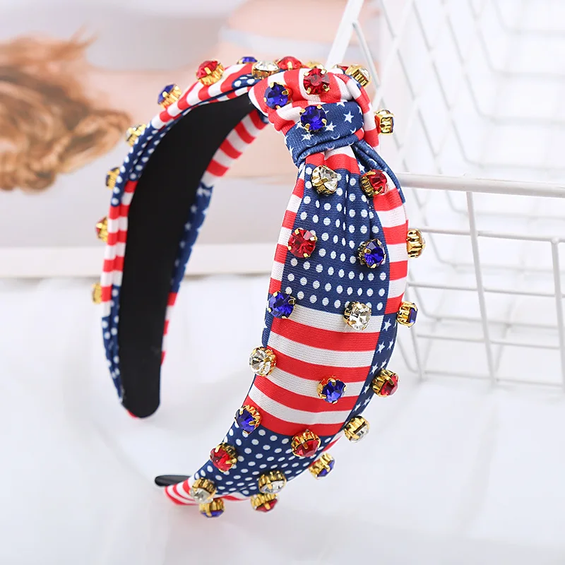 

USA Jeweled Knot Fabric Headband Patriotic Embellished Rhinestone Knotted Headband for Women Girl 4th of July Hair Accessories