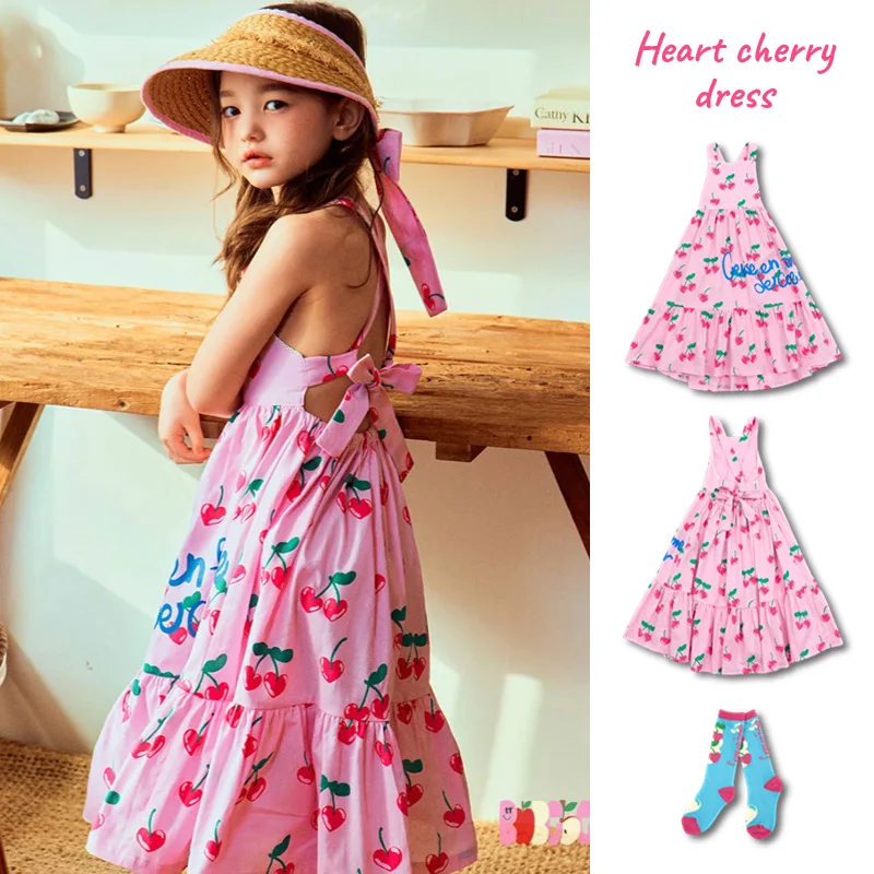 

New 2024 Korea Bebe Summer Girls Dress Cherry Top Dress Kids Pink Dress Children Party Dress Child Birthday Clothes Cute Socks