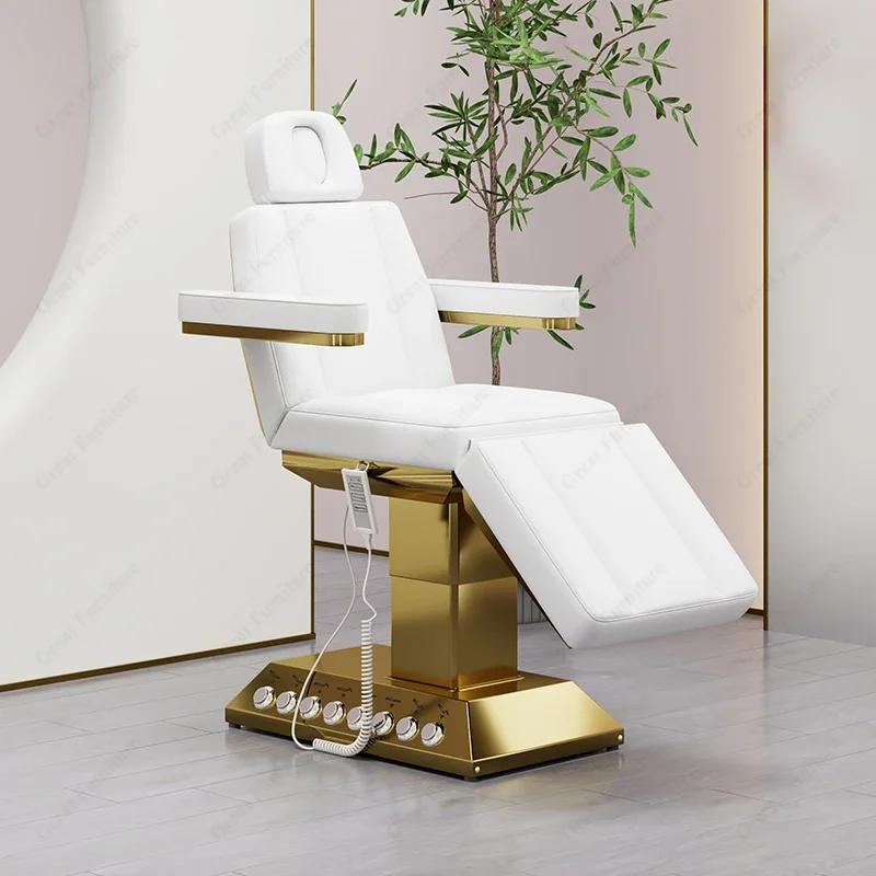 Luxury White PU Leather Electric Massage Table Gold Stainless Steel Base Massage Facial Beauty Spa Bed With 4 Motors 10pcs 5x8x2 5 mr85 2rs chrome steel miniature ball bearings mr85rs 5 8 2 5 micro motors