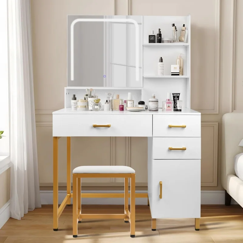 

Vanity Desk with Mirror and Lights Stool, Makeup Dressing Table 3 Drawers, Storage Open Shelves, Side Chest