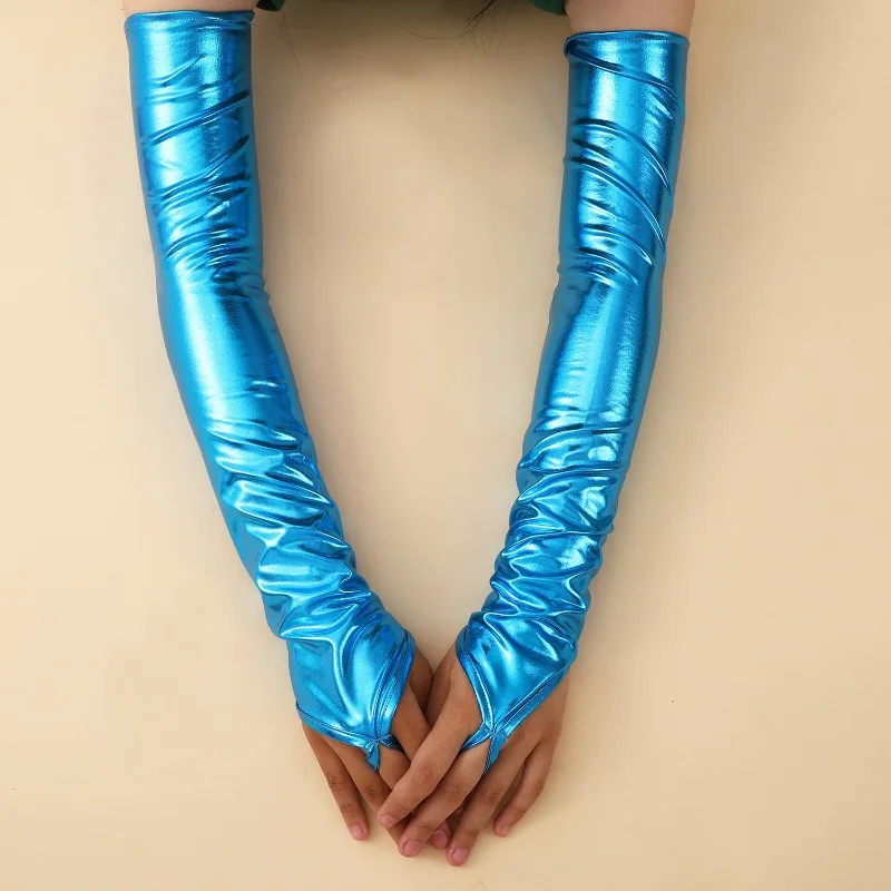 48CM Women Multicolor Patent Leather Hook Finger Gloves Cosplay Stage Performance Electronic Music Festival Bar Pole Dance Solid