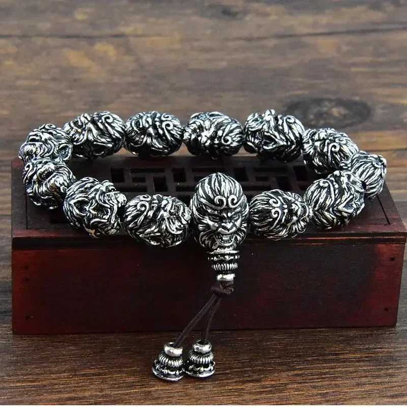 

Brave Monkey King Men's Bracelet Retro Aggressive Monkey Head Jewelry Old Monkey King Silver Plated Buddha beads Handstring