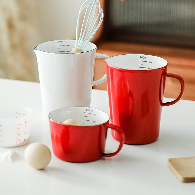 

Japanese Porcelain Enamel Measuring Cup with Scale Handle Household Heat-resistant Baking Kitchen Tool Coffee Tea Cup