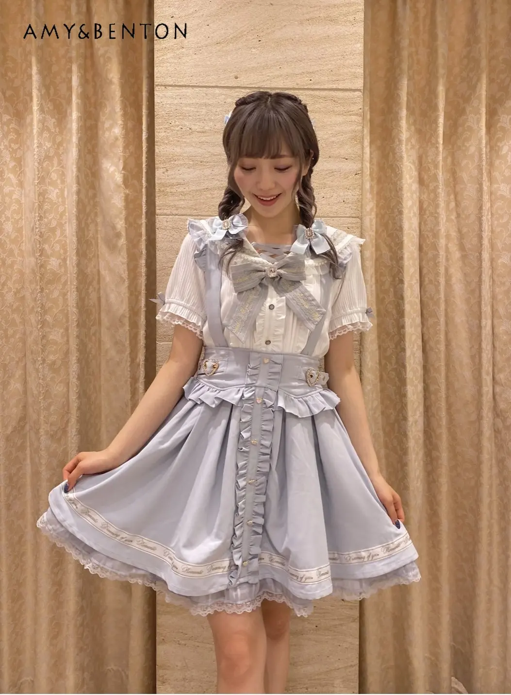 

Letter Suspender Skirt for Women Single Ribbon Bow Lace Oversized Rojita Female Solid Color Mini Lolita Skirt