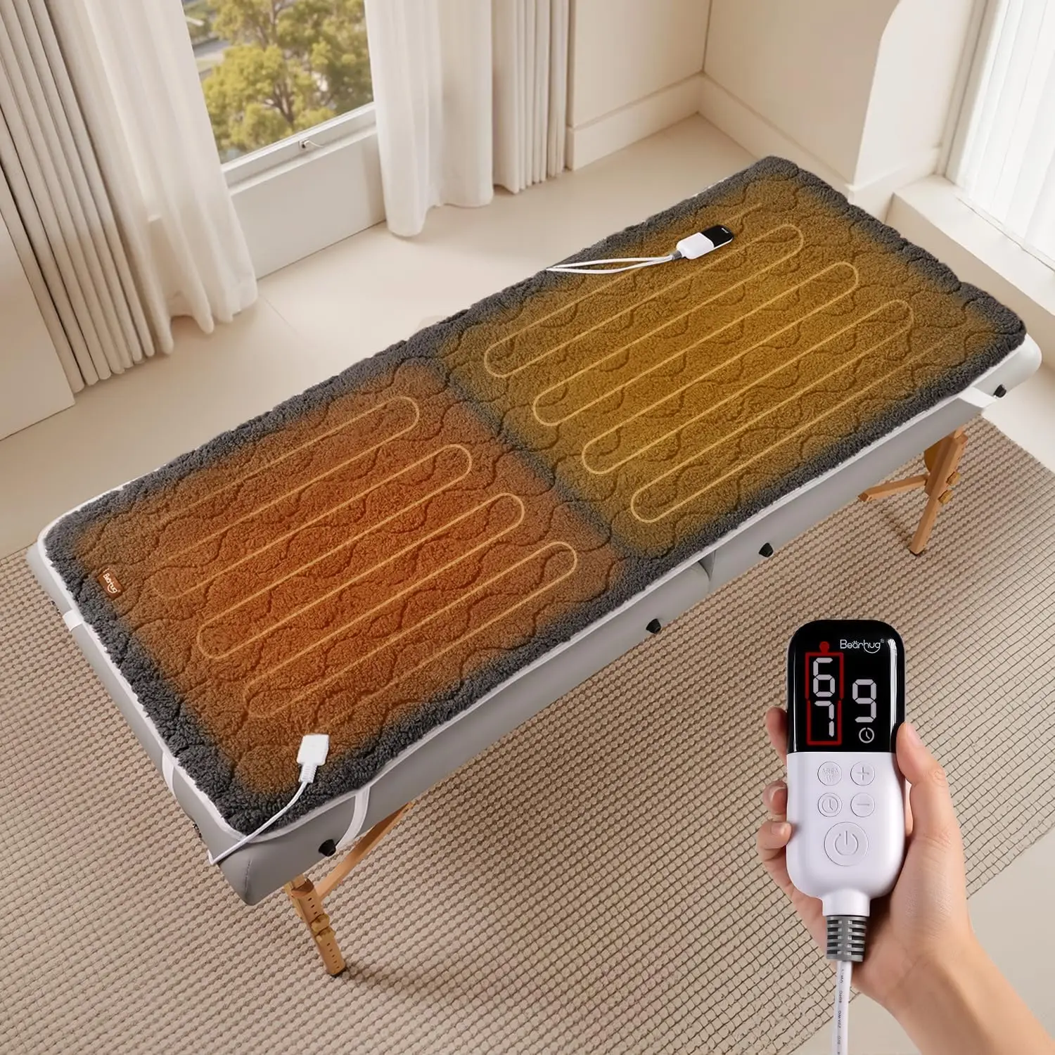 Massage Table Warmer Heating Pad 30” x 71”,Dark Grey Cotton Wool Dual-Zone Heating Pad with 1-9 Hours Timer & 10 Heating Levels