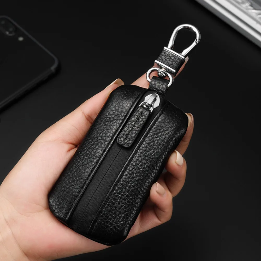 Creative Genuine Leather Car Keys Bag Waterproof Zipper Universal Car Key Cover Durable Pure Color Soft Surface Key Pouch