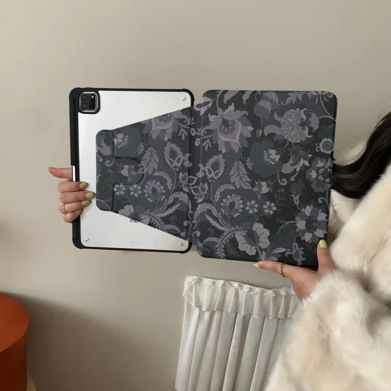 360 Rotating Vintage Boho Floral Tablet Case with Pencil Holder