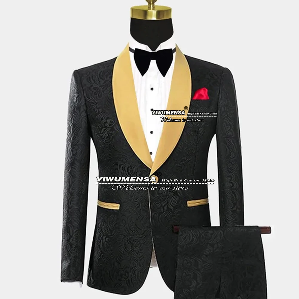 

Spring/Autumn Wedding Tuxedo For Men Black Jacquard Floral Jacket&Pants 2 Pieces Grooms Suits Skinny Regular Blazer Set 2022