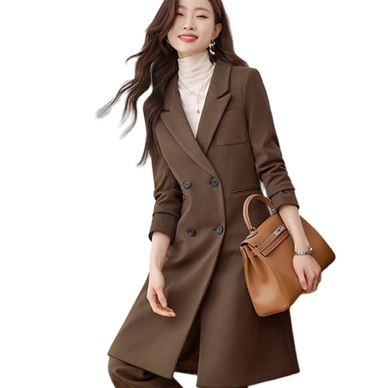 

Women's Blazer+pant Autumn Winter Professional Female Medium Length Double Breasted Buttons Trench Coat Work Suit 2-piece Set
