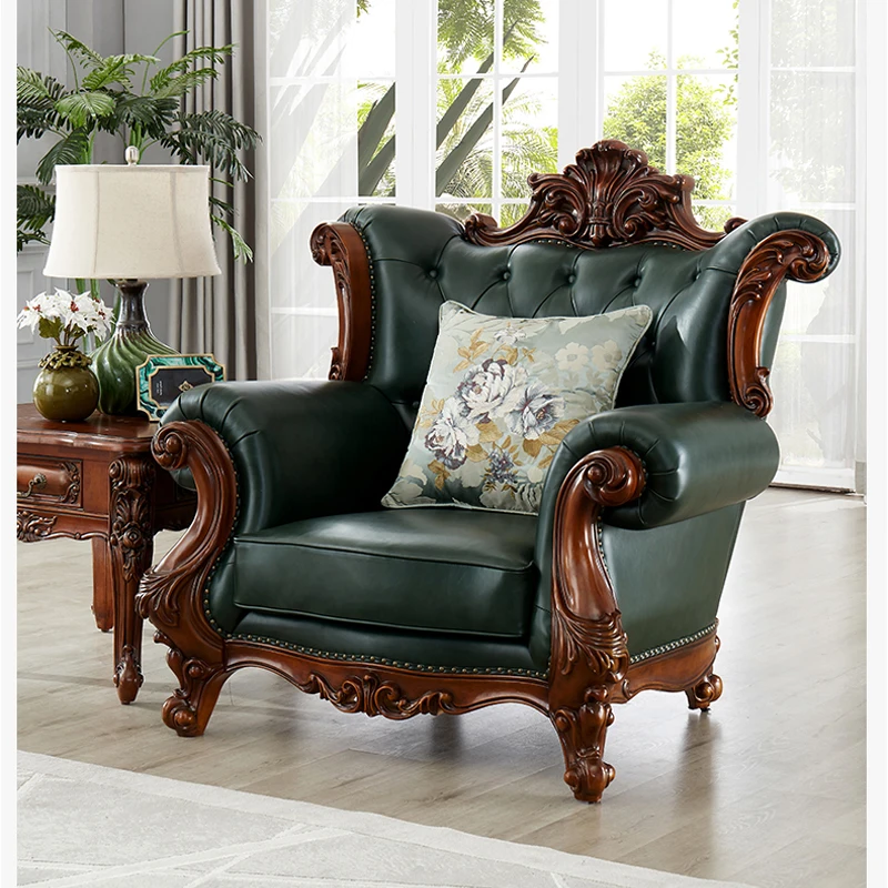 American-style all-solid wood leather sofa, European-style light luxury sofa, combination villa, large apartment, luxury living