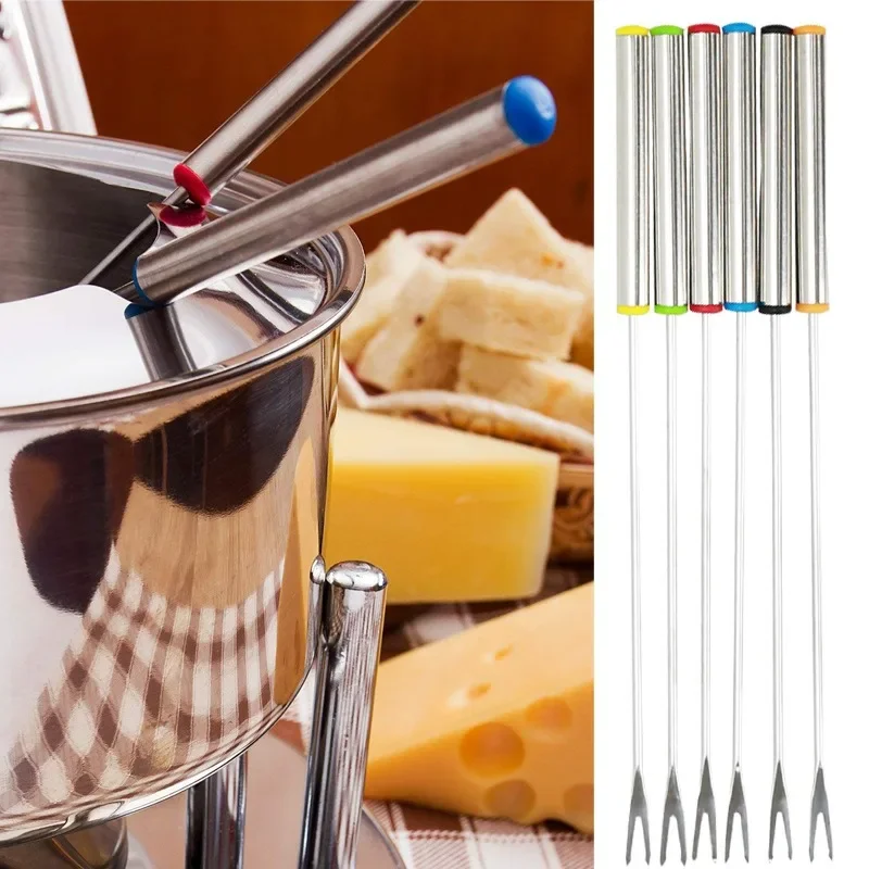 6Pcs/Set 24cm Stainless Steel Hot Pot Forks Chocolate Forks Cheese Fruit Dessert Fork  DIY Fondue Melting Skewer Kitchen Tools