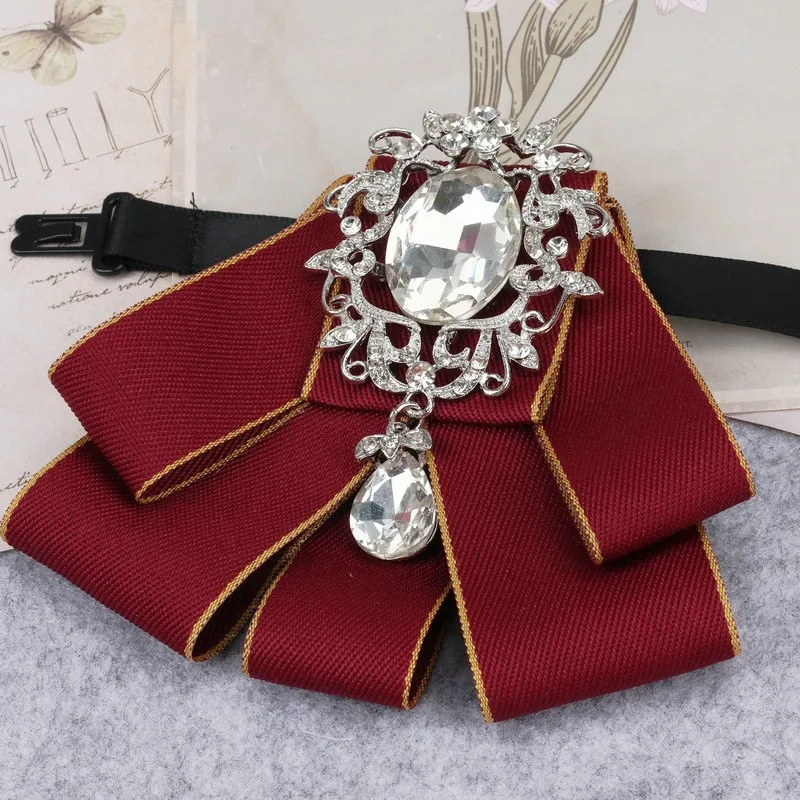 Hand-made Man New Retro Rhinestone Ribbon Bow Tie Diamond Brooch Women's Shirt Collar Solid Business Office Pattern Neckties bow tie