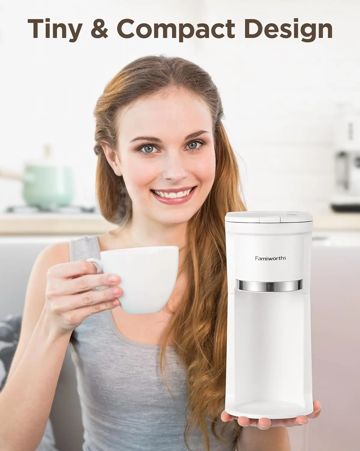 Mini Coffee Maker Single Serve, Instant One Cup for K Cup & Ground Coffee, 6 to 12 Oz Brew Sizes, Capsule Coffee Machine, White