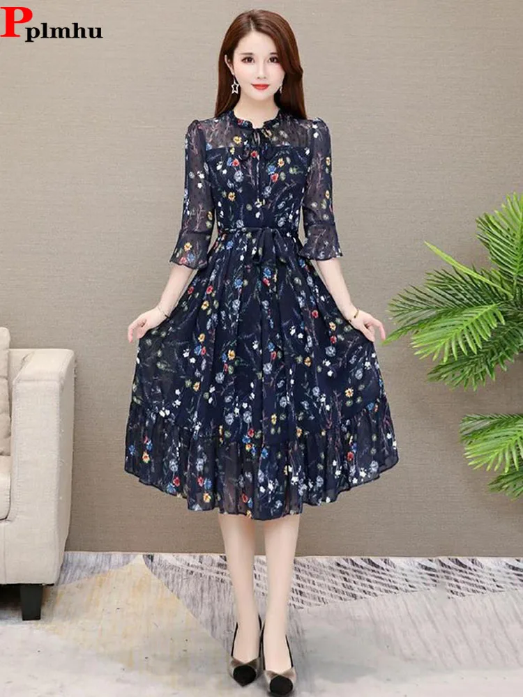 Summer Boho Chiffon Midi Dress Women 3/4 Sleeve Floral