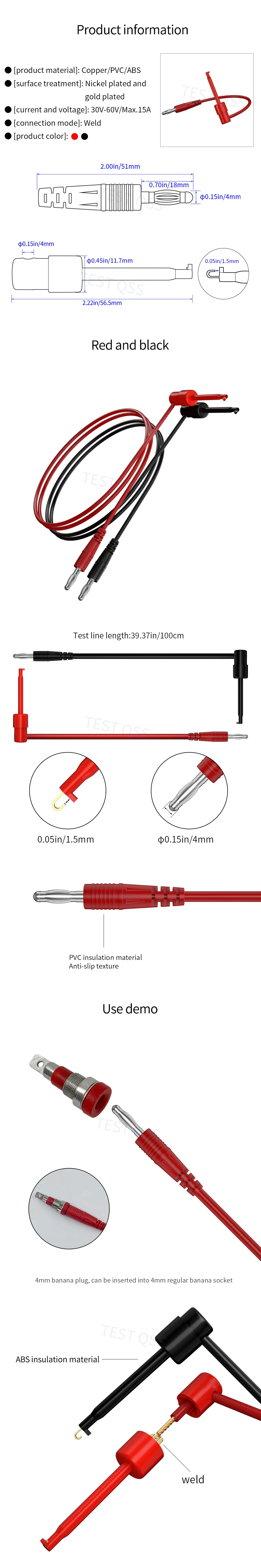 Qss 2pcs rot schwarz Multimeter Test kabel 4mm Bananen stecker zum Testen von Haken clips Kabel Draht 100cm elektrischer Stecker q.70057b – Detail 1