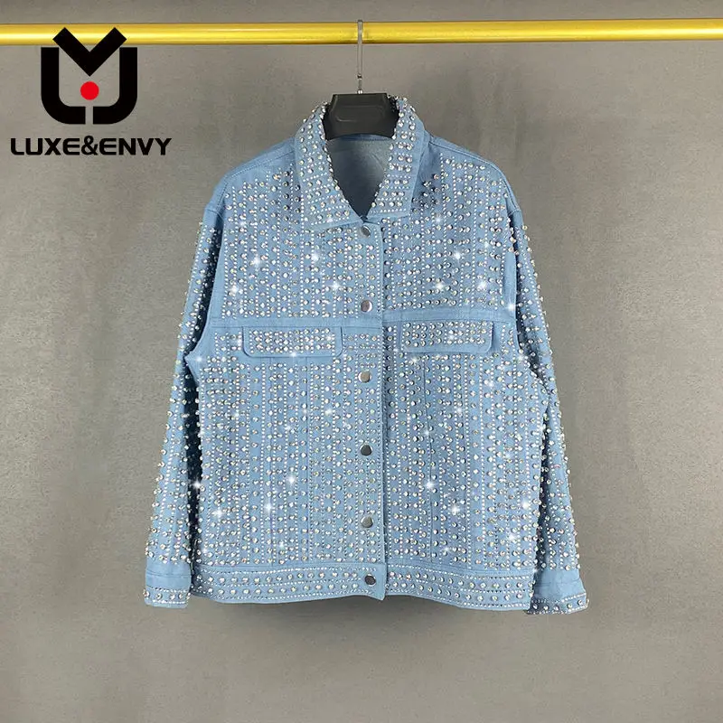 

LUXE&ENVY Heavy Industry Diamond Inlaid Hot Drill Jean Jacket Spring New Loose And Versatile Ins Long Sleeve Top 2023 Autumn