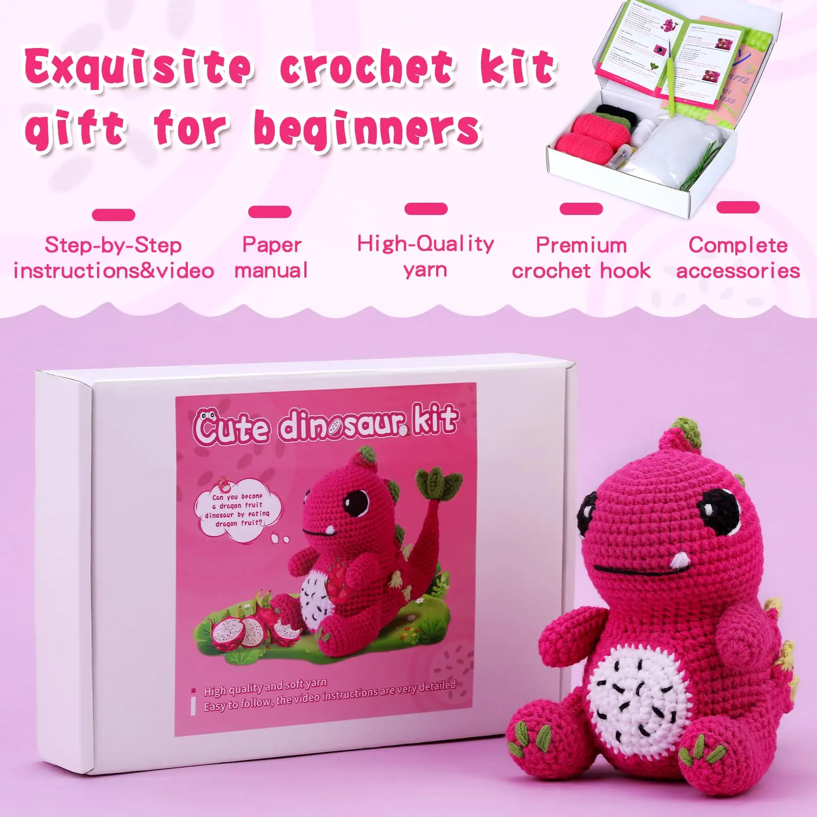 Fenrry Crochet Kit Beginners Animal Knitting Kit Dinosaur Step-by-Step Video Tutorials DIY Present