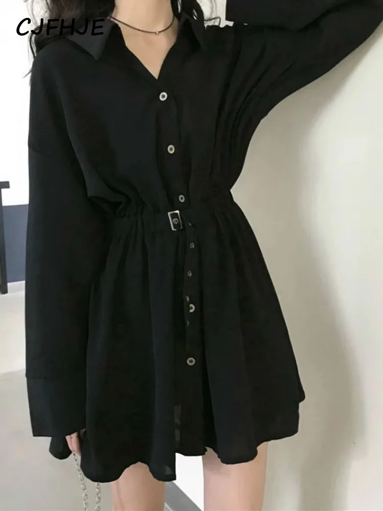 

Pure Turn-down Collar Button Long Sleeve Collect Waist Elegant Dress Women Fashion Black Clothing Fall 2022 Hepburn Vestido Chic