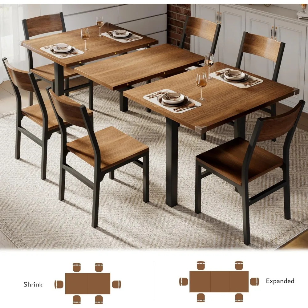 Dining-table, 7-Piece Dining Table Set with 6 Chairs, 63" Extendable Kitchen Table & Chairs Set for 4-6, Dining RoomTable 3