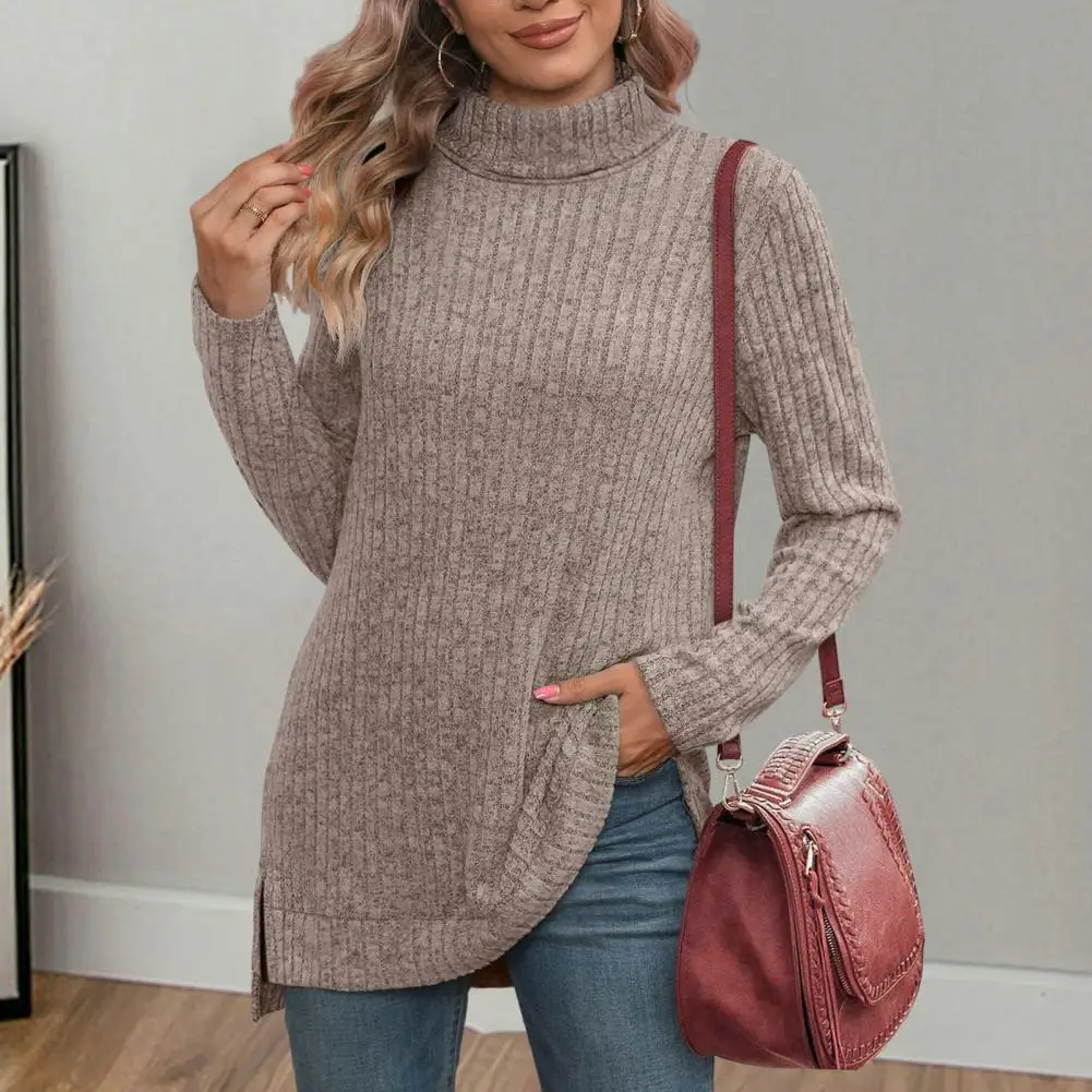 

Women Turtleneck Knitted Sweater Side Split Pullover Sweater Loose Knitwear Autumn Winter Casual Knitted Clothes For Office