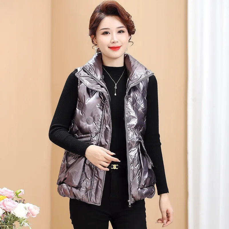 

Glossy Women's Sleeveless Vest Autumn Winter Zipper Warm Short Coat Ladies Korean Style Stand Collar waistcoat