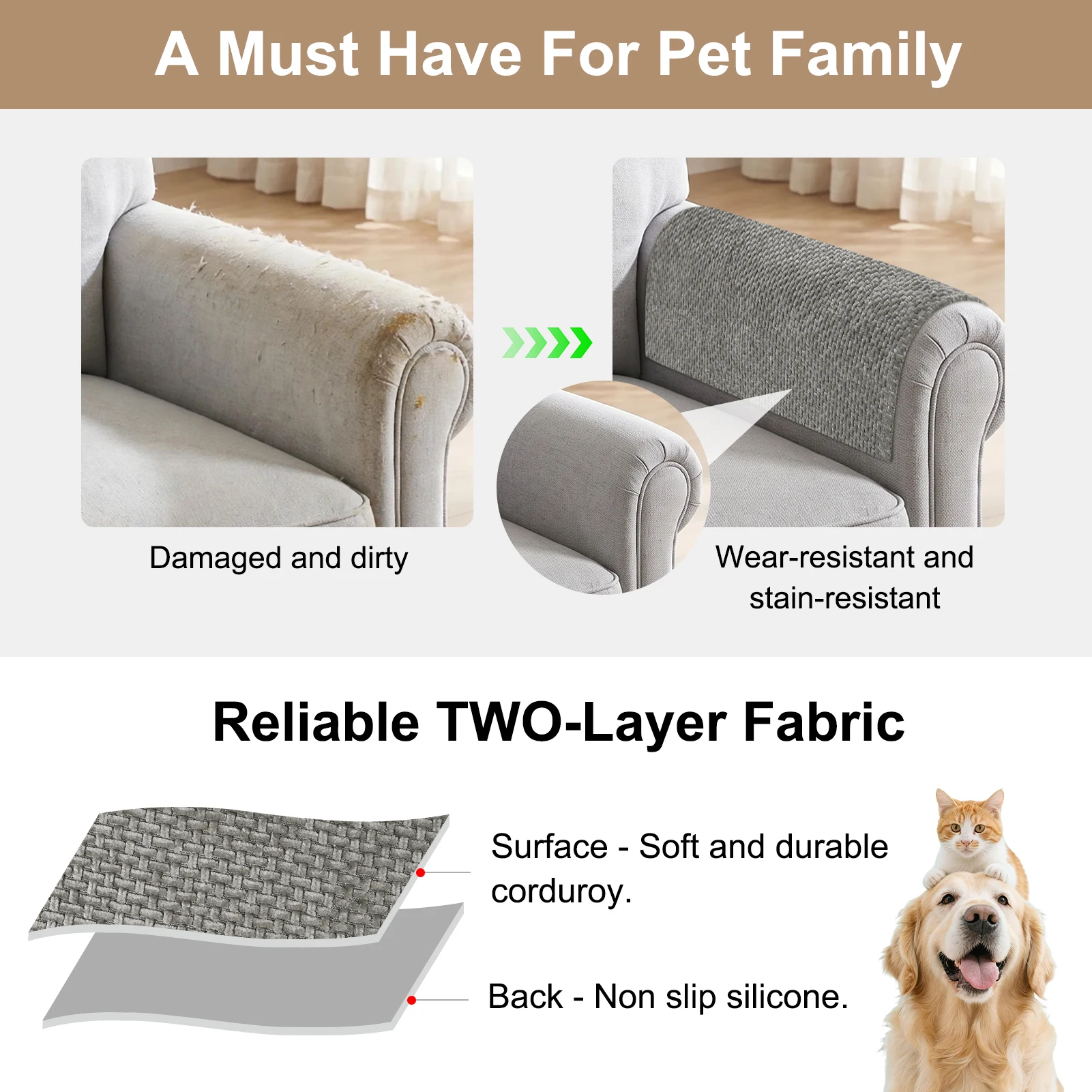 Premium Non-Slip Washable Sofa Armrest Covers - Set of 2 for Loveseats & Recliners