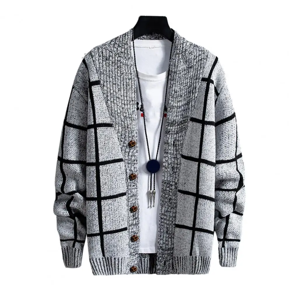 

Men's Plaid Cardigan Sweater Relaxed Fit Thickened Loose Trendy Knitted Autumn Coat with Ribbed Cuffs Outwear