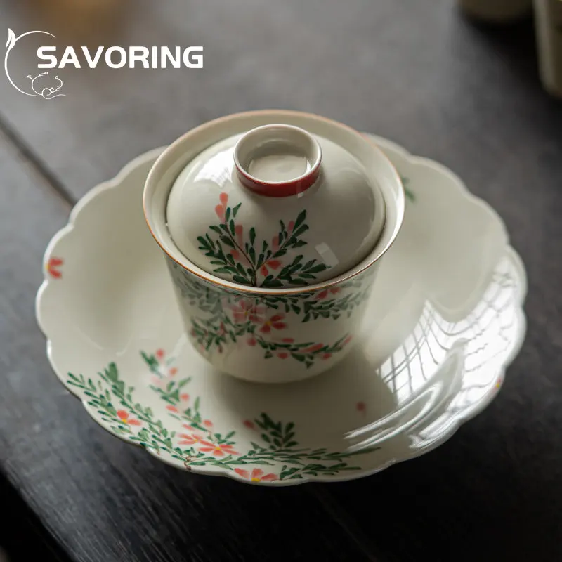 120/130ml hand-painted Lingxiao flower Tea Tureen underglaze color ceramic kung fu tea set bubble Gaiwan household literati cups