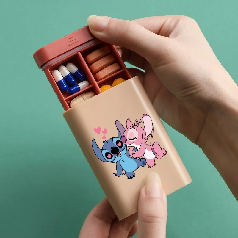 Kawaii Stitch Pill Box Mini Pill Organizer Travel Portable Pocket Essentials 6 Grid Pill Box Medicine Cartoon Storage Box