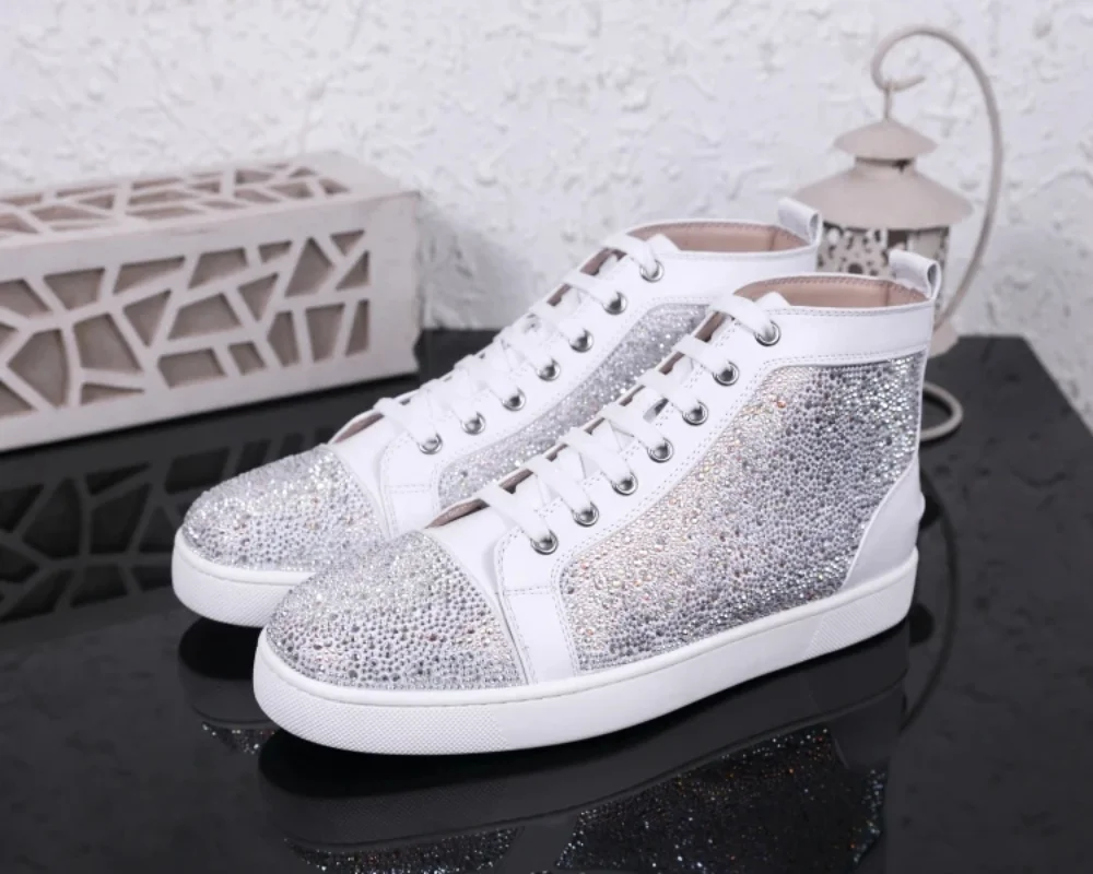Luxury Leather Men's Shoes Red Sole Men's Shoes Rhinestone Rivets High Top  Women's Shoes Sneakers - AliExpress