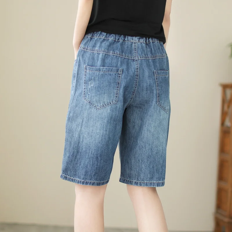 Vintage Embroidered Denim Cropped Pants Women's Summer High Waist Lace Up Straight Pants Art Style Casual  Knee Length Trousers