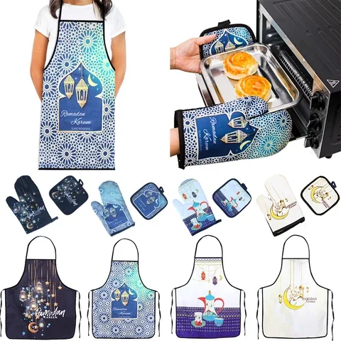 

Ramadan Decoration Aprons Baking Anti-Hot Gloves Pad Set Eid Mubarak Decor for Home Kitchen Muslim Islamic Ramadan Kareem Party
