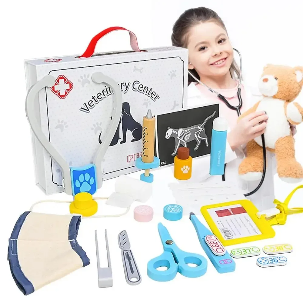 Wooden Pretend Play Doctor Toys Kids Veterinarian Role-playing Medical Educational Toy Simulation Medicine Chest Set Gift