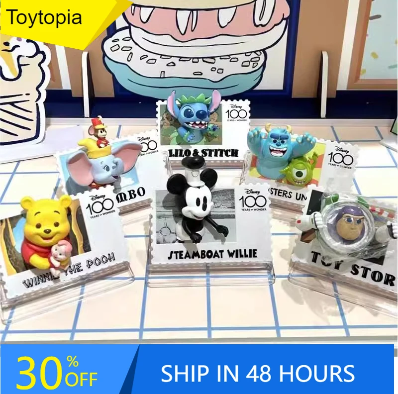 Disney 100 Anniversary Vintage Stamp Blind Box Figure Pooh Bear Stitch Figure Frigorifero Magnet Anime Action Collection Toys