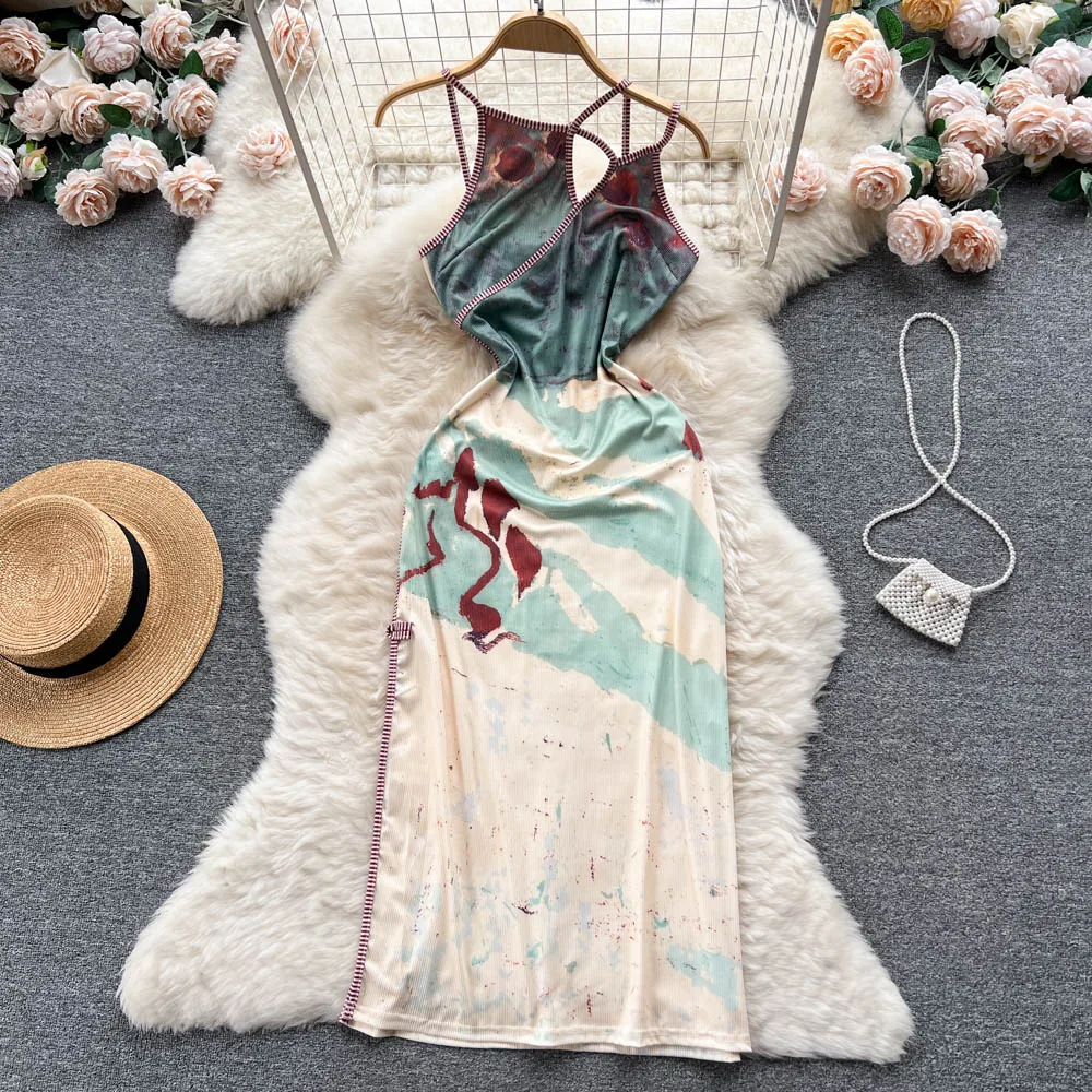 

Chinese Cheongsam Young Summer Split Strap Dress Slim Fit Sexy Long Dress