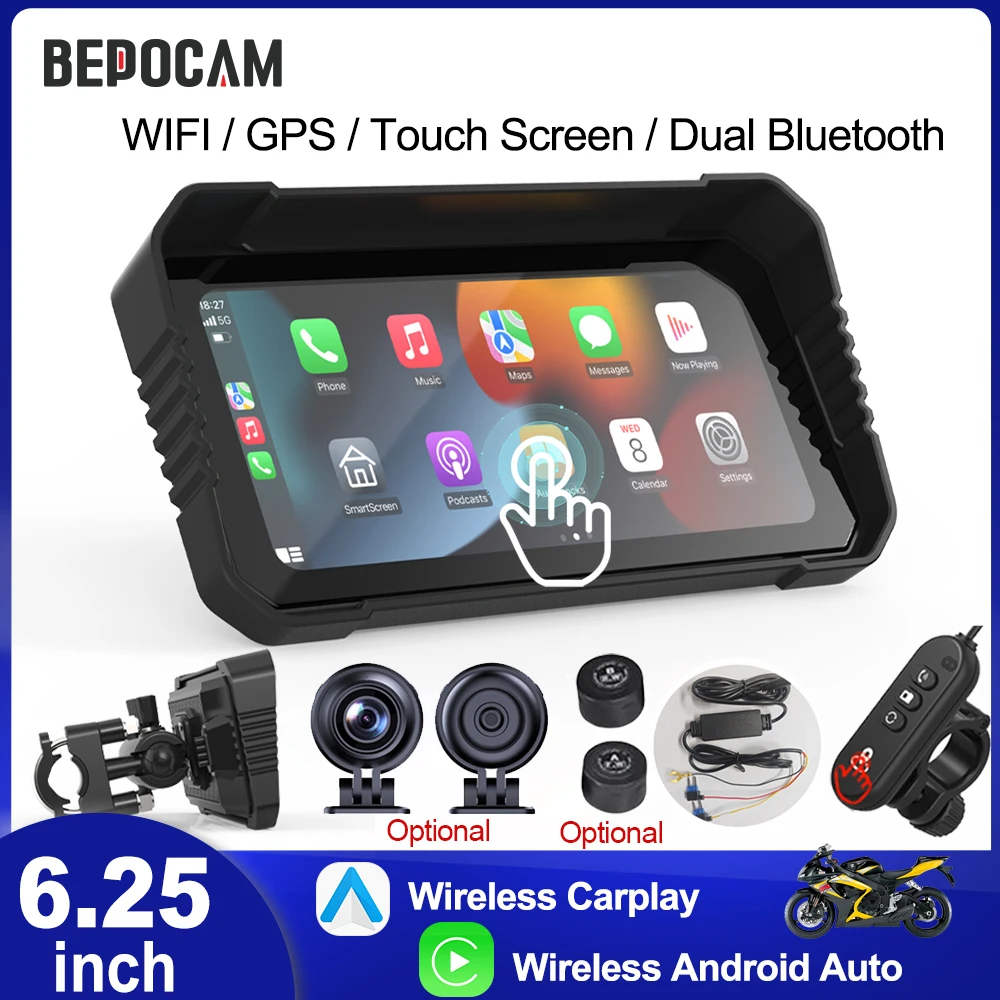 BEPOCAM 6.25" Portable Motorcycle DVR Touch Display GPS Navigation IPX7 Waterproof Wireless CarPlay Android Auto Remote control