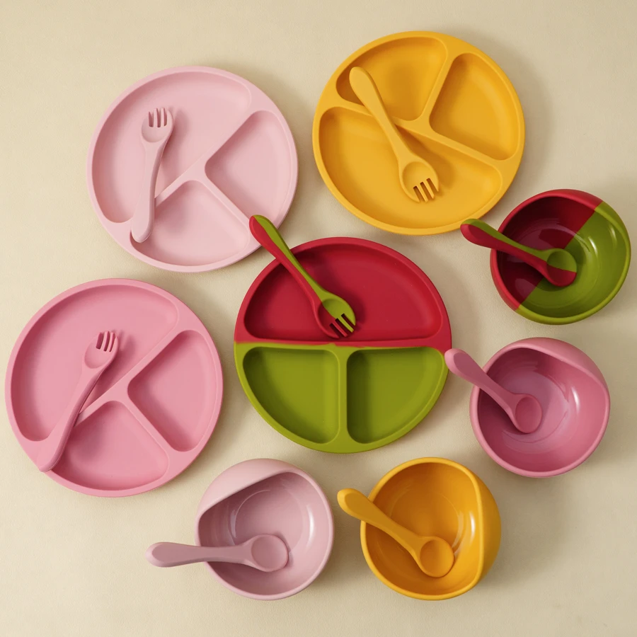 Personalized Name 4PCS Baby Silicone Dinner Sets Toddler Plate Suction Bowl Eating Training Spoon Fork Children's Tableware 2