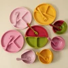 Personalized Name 4PCS Baby Silicone Dinner Sets Toddler Plate Suction Bowl Eating Training Spoon Fork Children's Tableware 2