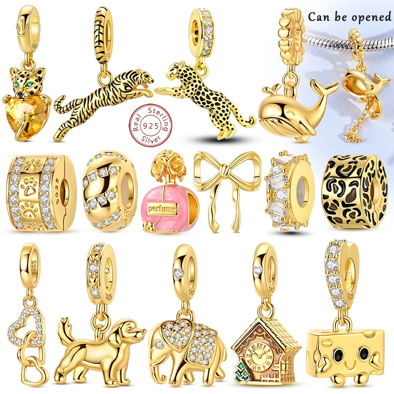 Gold Original Charm Bead 925 Sterling Silver Leopard Cross Dog Bone Earth Airplane Charm Fit Bracelets Pendant Women DIY Jewelry