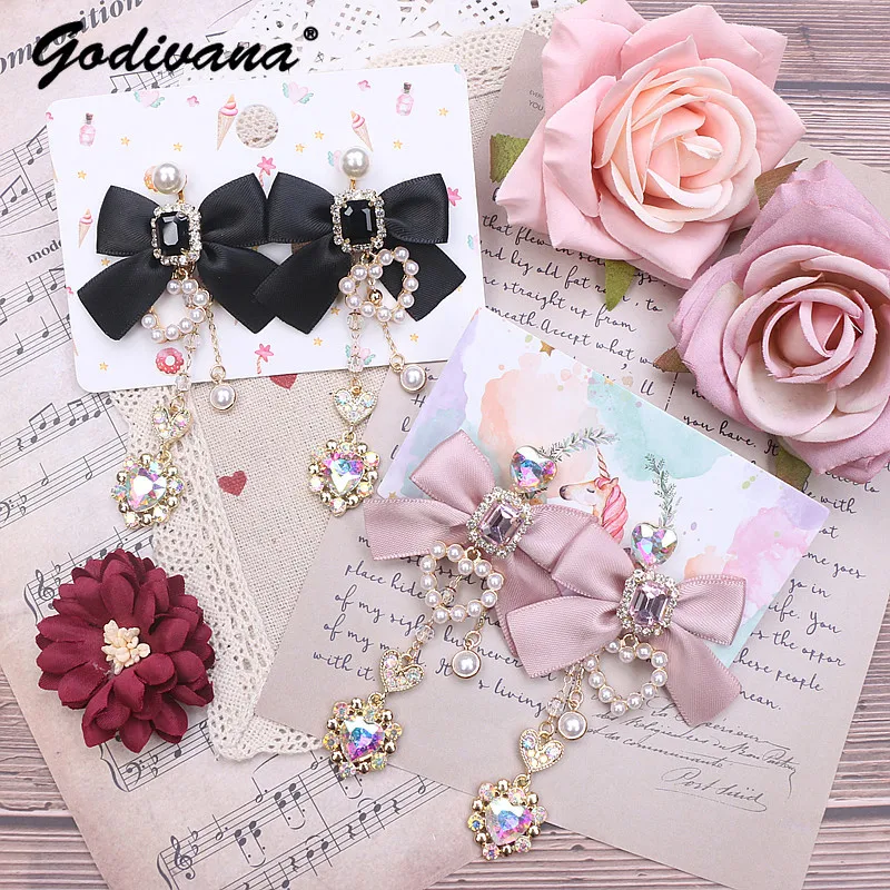 

Lolita Style Lady Earrings Sweet Cute Pearl Heart Pendant Rhinestone Tassel Earrings Silver Needle Ear Clip for Women